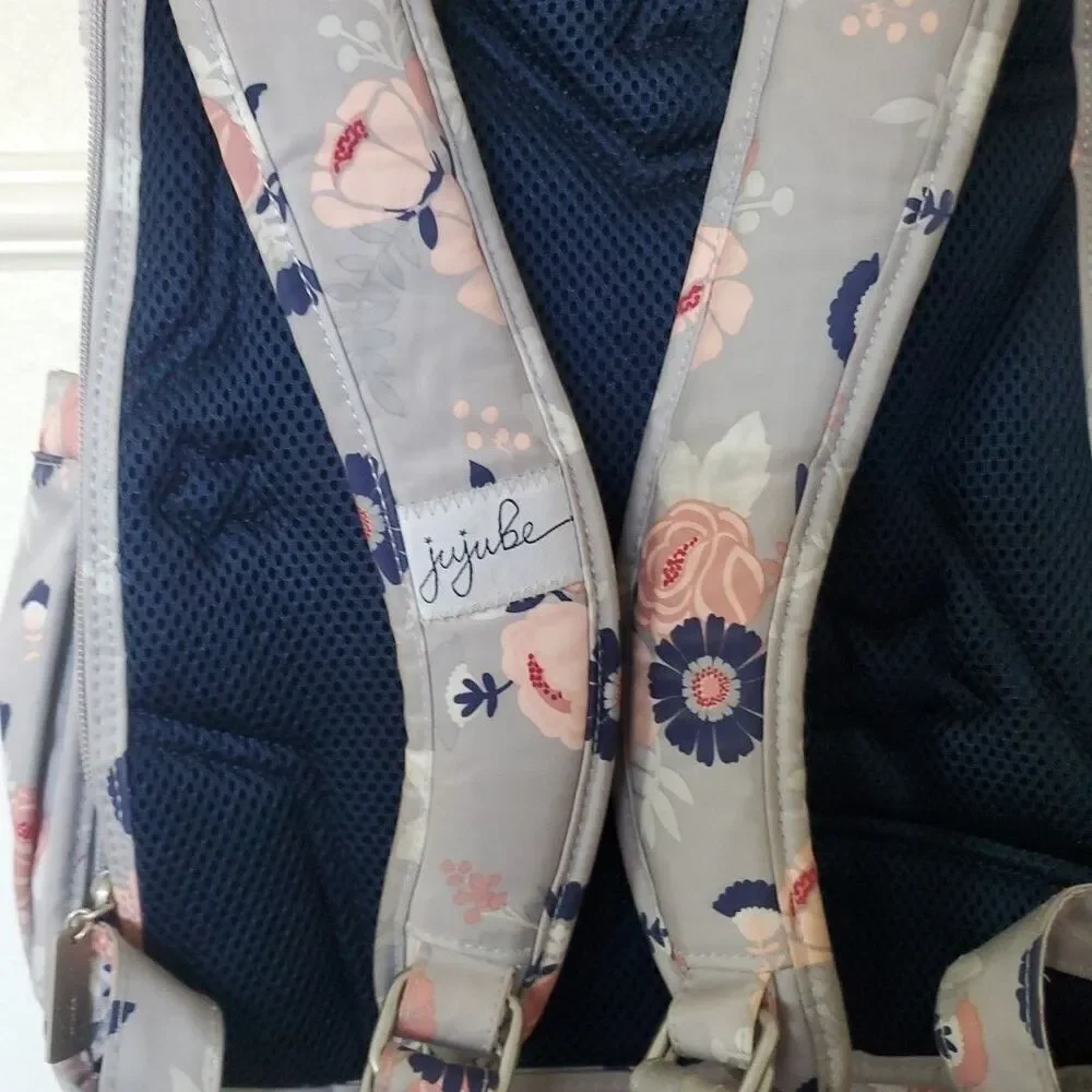 JuJuBe Be Right Back Multi-Function Diaper Backpack Floral Gray Multi Zip Pocket